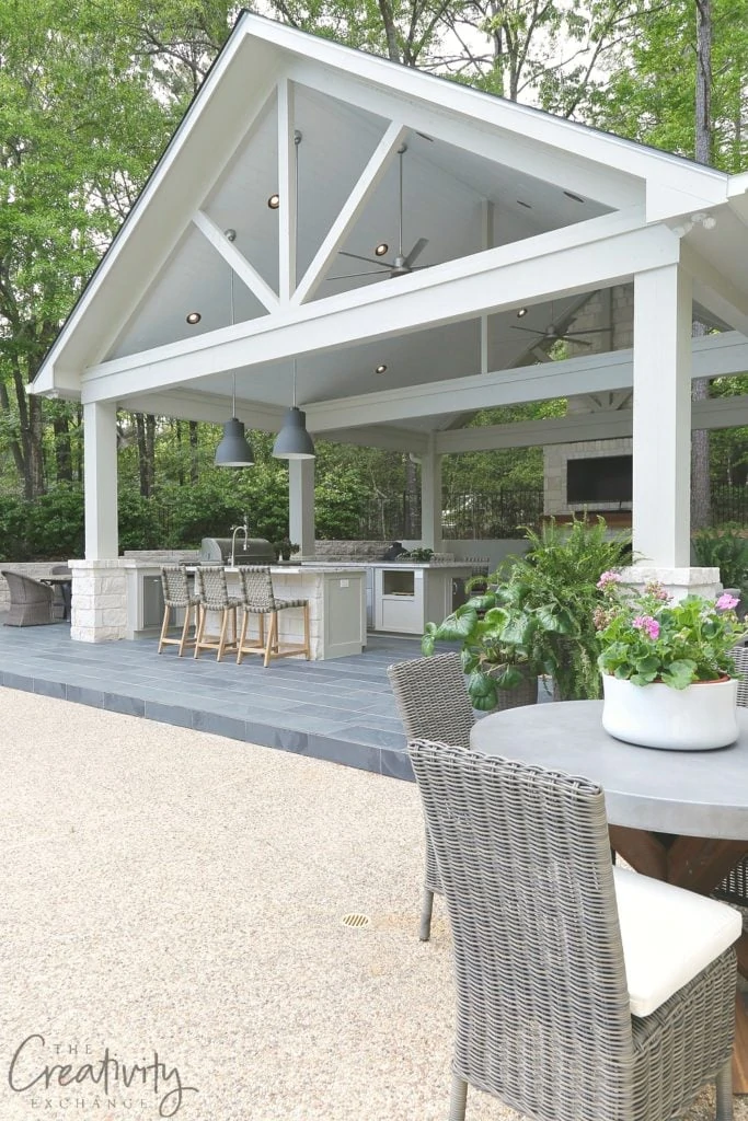 A gorgeous pool house and outdoor kitchen area via The Creativity Exchange.