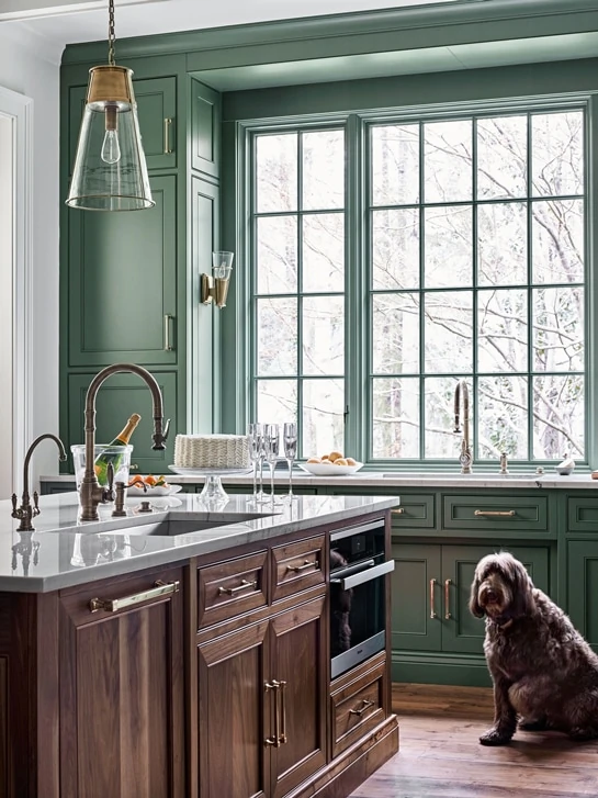 Farrow & Ball Green Smoke kitchen cabinets and window trim