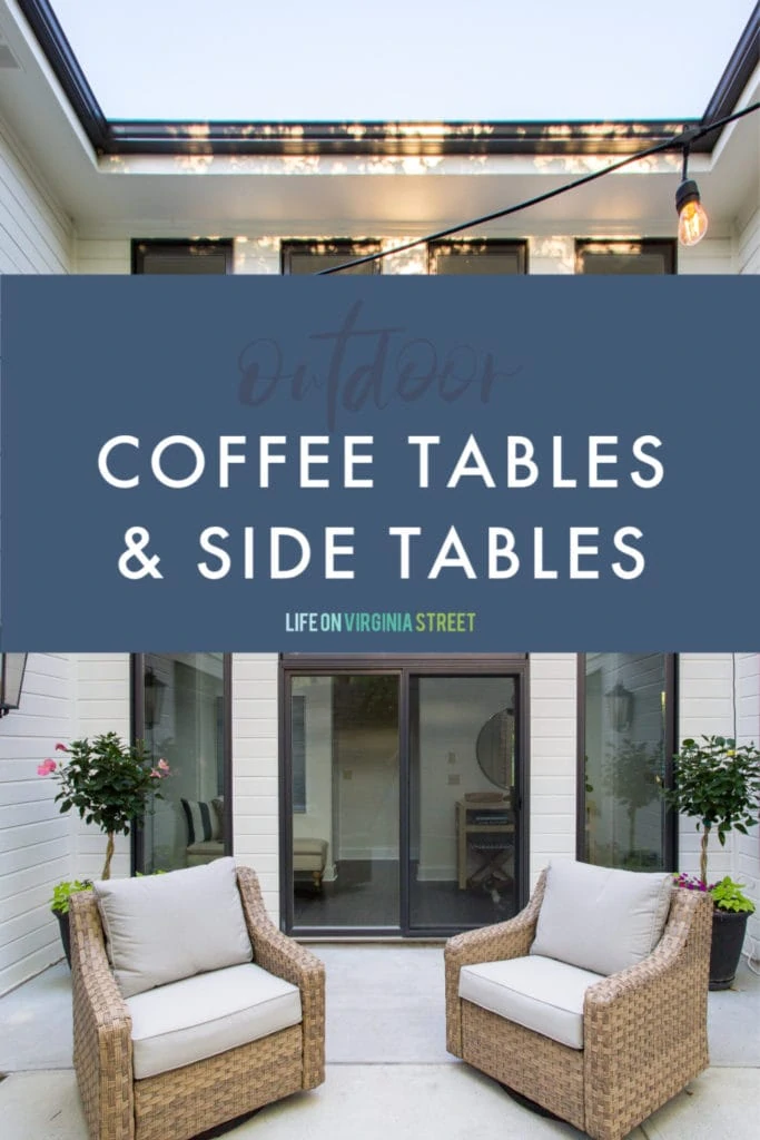 A graphic for a collection of outdoor coffee tables and sides tables that work both on your patio or in your house!