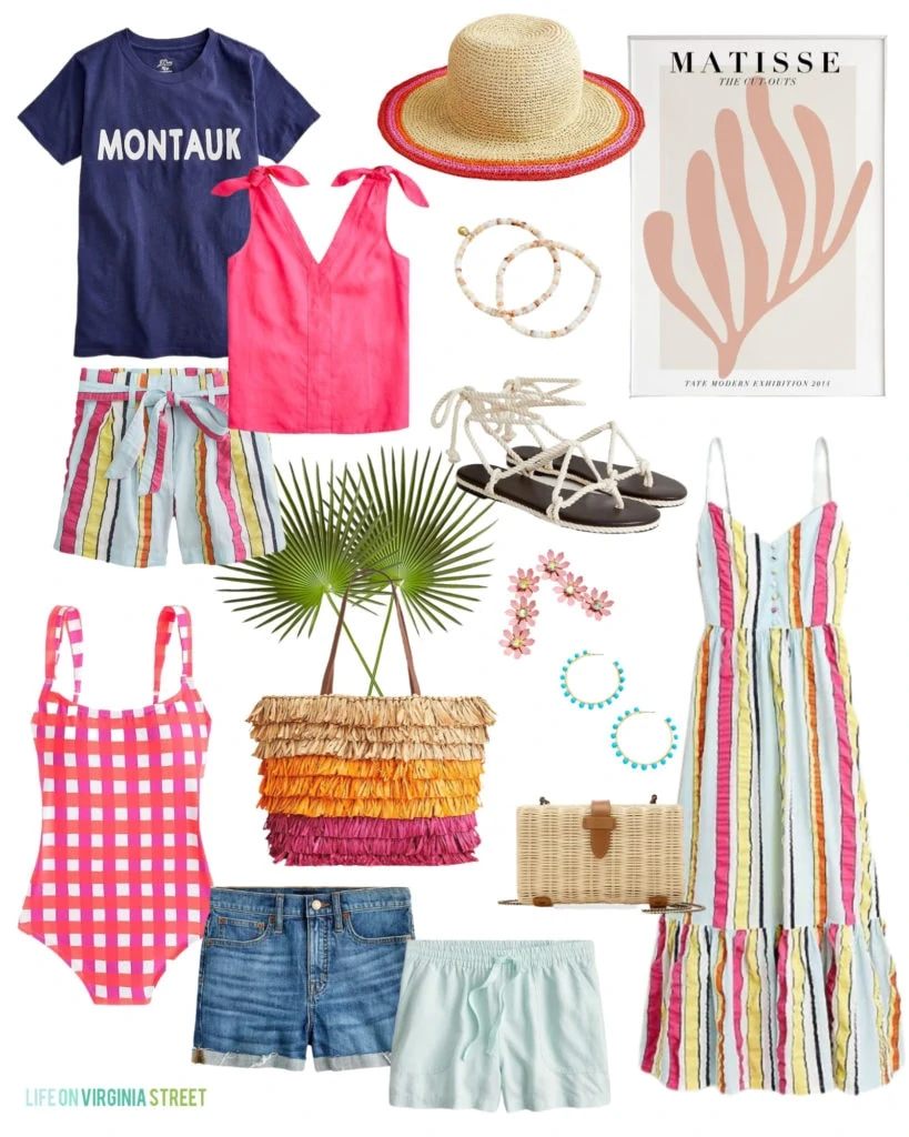 Colorful summer outfit ideas with a navy blue graphic tee, rainbow striped shorts, fringe tote, gingham swimsuit and more!