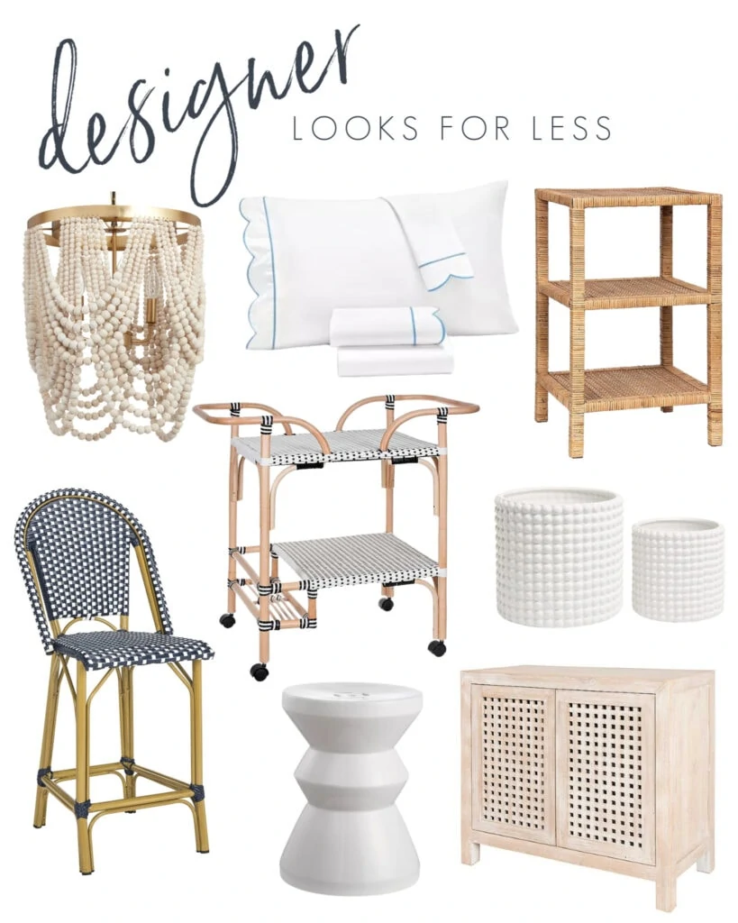 Designer looks for a less with a bead chandelier, blue and white scallop bedding, raffia side table, bistro counter stool, white hobnail planters, wood grid cabinet, and bistro bar cart!