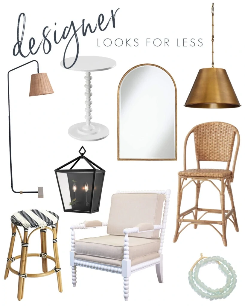 Interior designer looks for less with a wicker floor lamp, white spindle table, gold arch mirror, gold cone pendant light, natural bar stool, white spindle chair, striped backless counter stool and recycled glass beads.