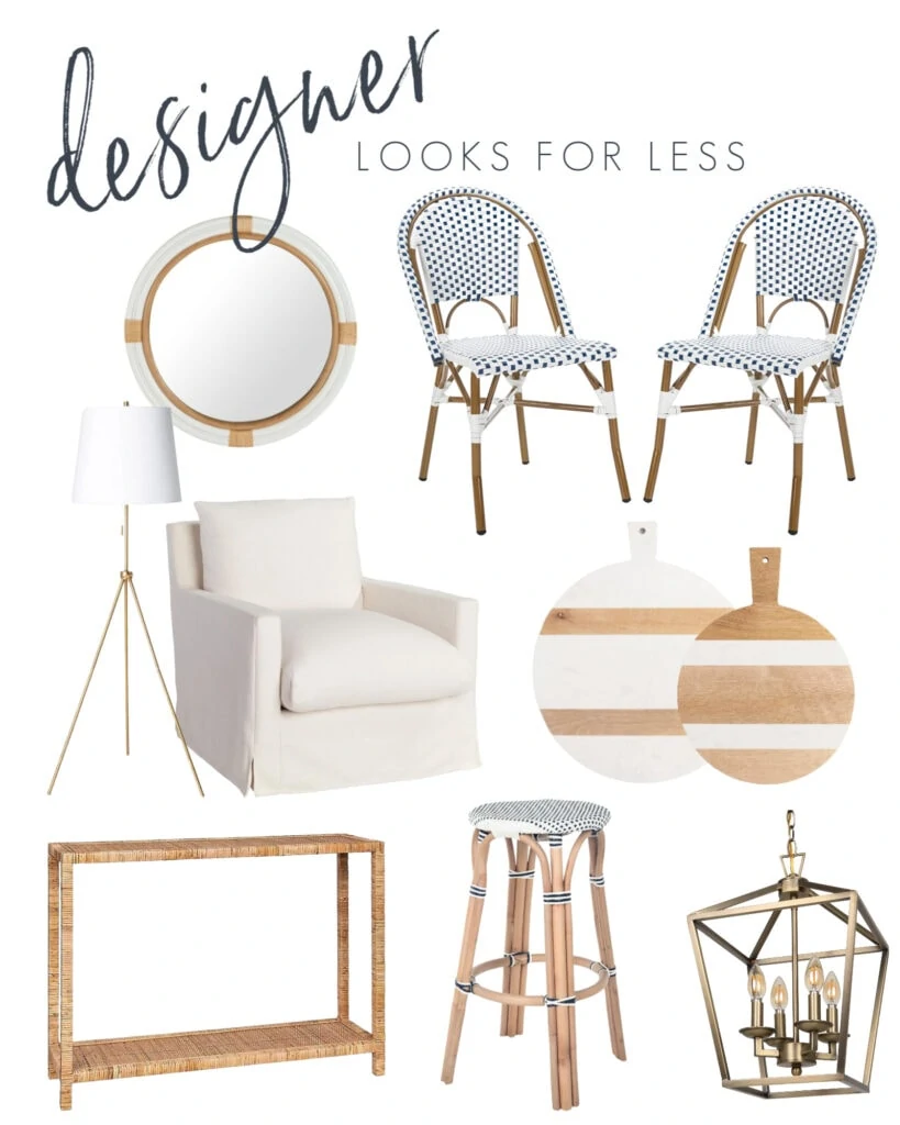 A collection of interior design looks for less! Includes French bistro chairs, linen armchair, tripod lamp, nautical mirror, white striped cutting board, rattan console table, gold Darlana lantern look for less, and more!