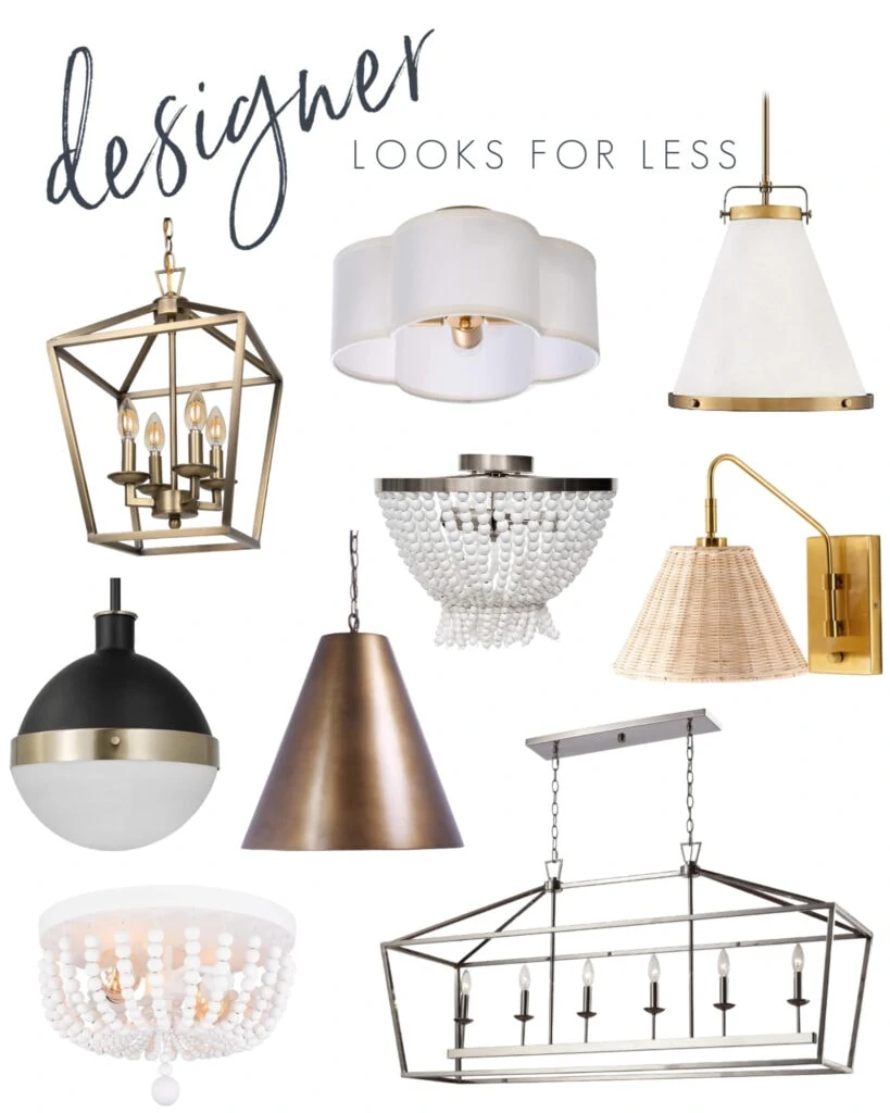 Interior design look for less lighting options! Includes a gold pendant light, David Hicks light for less, wicker sconce light, white bead flush mount light, scallop light fixture, white and gold cone pendant light and more!