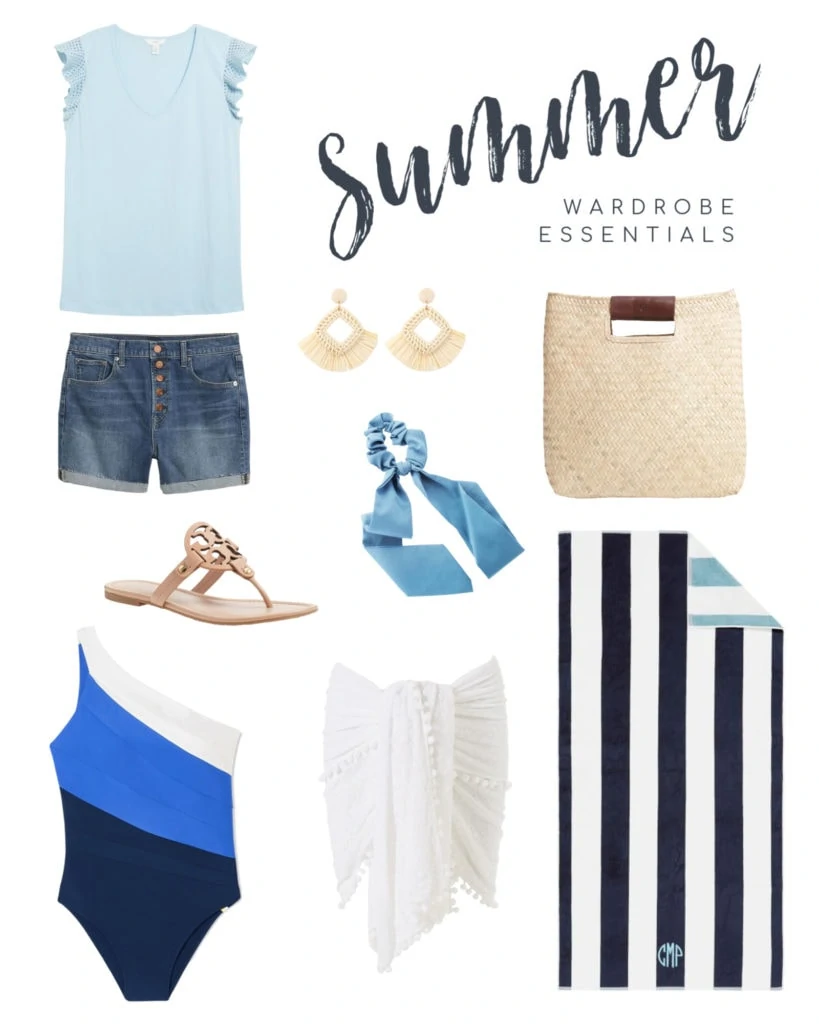Summer outfit ideas including a ruffle sleeve t-shirt, denim shorts, raffia earrings, colorblock swimsuit, striped beach towel, straw tote and more!