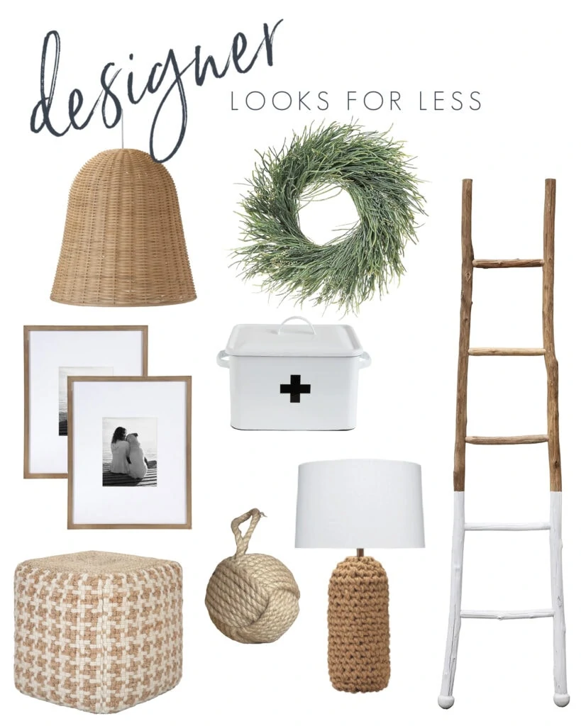 Some interior design look for less options including basket pendant lights, a paint dipped ladder, wood gallery wall frames, a Swiss cross medicine box, houndstooth pouf, rope door stopper, woven lamp and more!