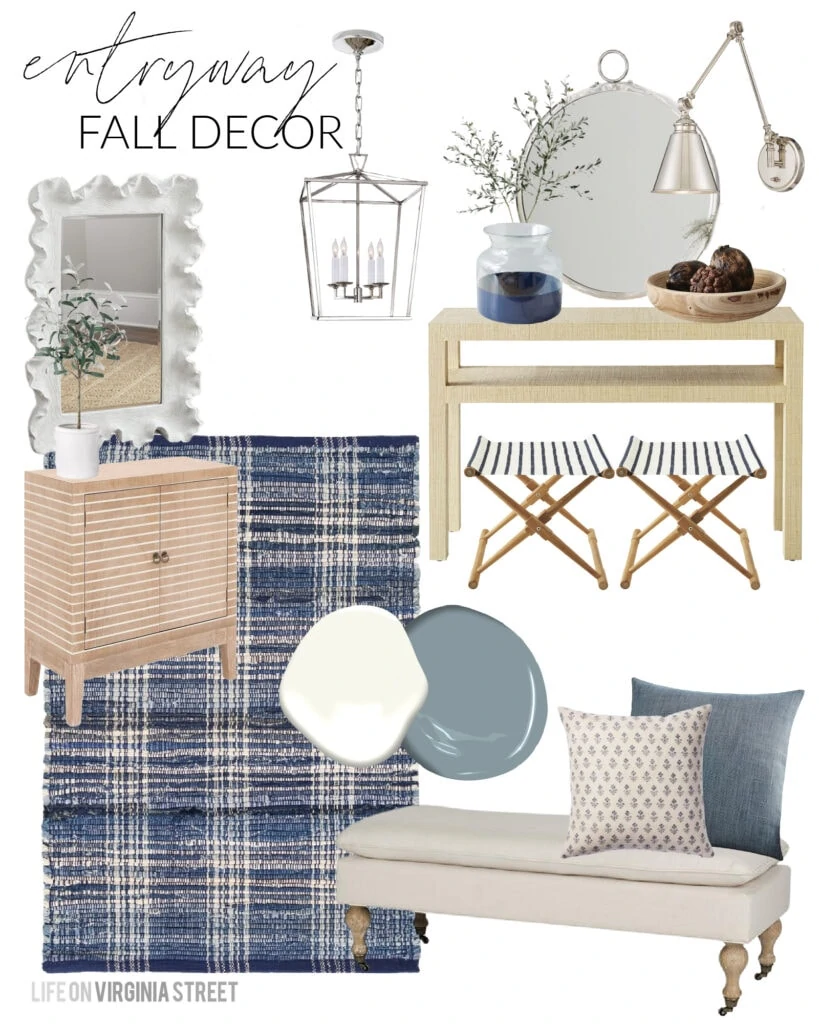 An entryway design board featuring neutral furniture and fall decorations! Lots of gorgeous fall design boards in this post!