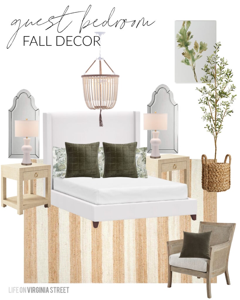 Fall design boards including this beautiful option for a guest bedroom! A white upholstered bed is paired with a striped jute rug, cream bead chandelier, white ceramic lamps, arched mirrors, cane chair, raffia nightstands, olive green velvet pillows, watercolor art canvas, and an olive tree in a basket.