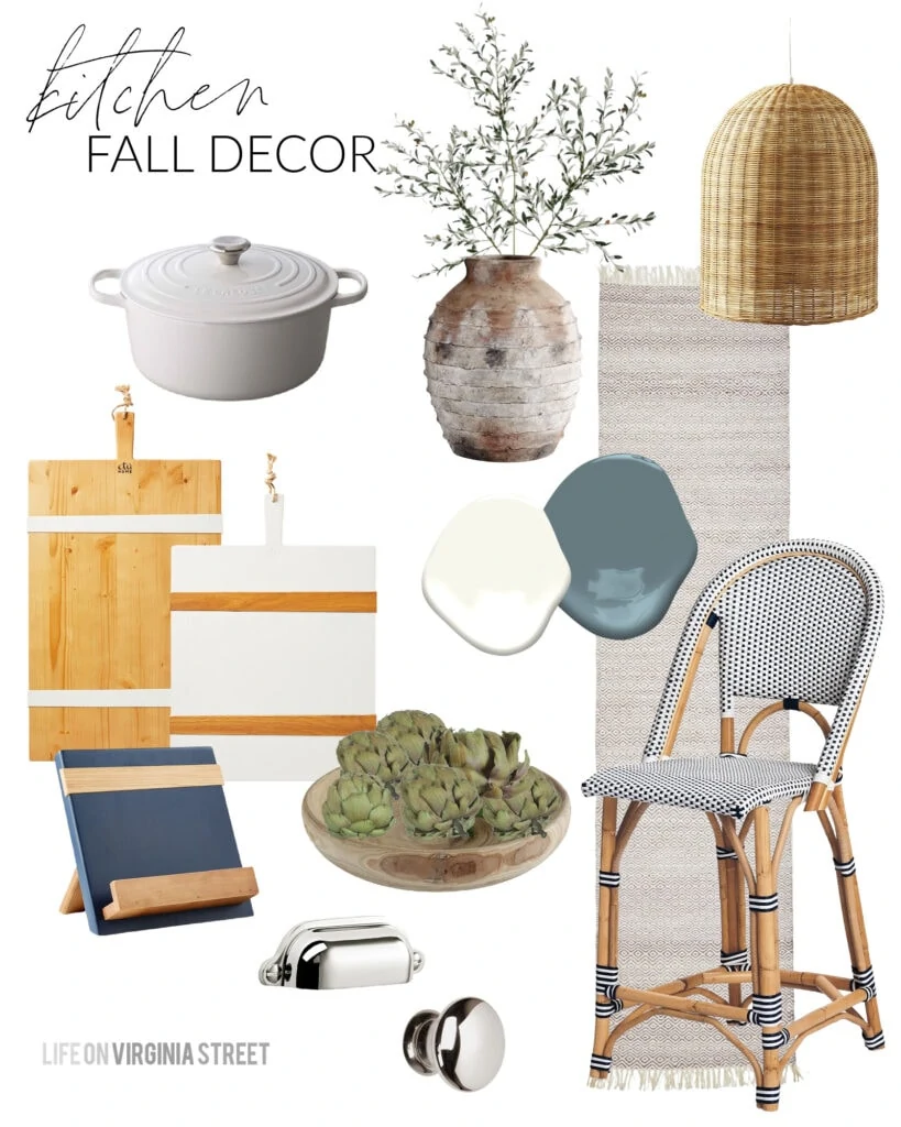 Fall design board for a kitchen with navy blue bistro counter stools, basket pendant lights, wood serving boards, white dutch oven, faux olive stems, and neutral runner rug.