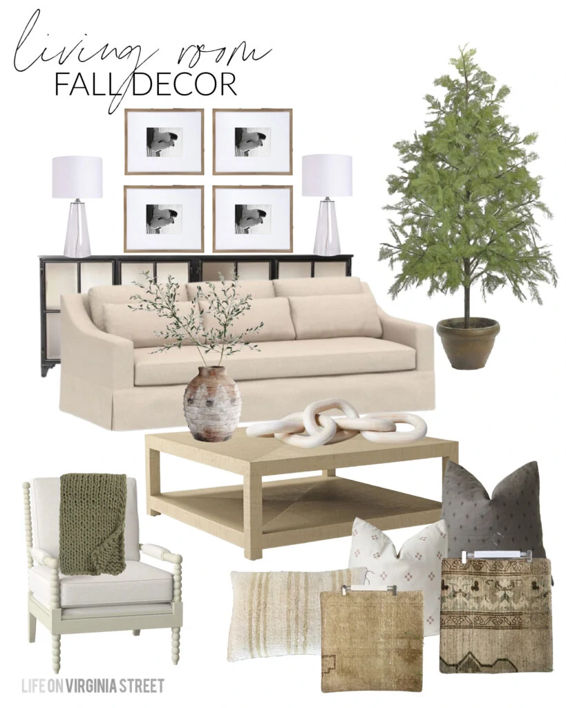 Living room fall decor ideas including a linen sofa paired with a faux cypress tree, raffia coffee table, white spindle chair, vintage pillow covers, a photo gallery wall and olive green chunky throw blanket.
