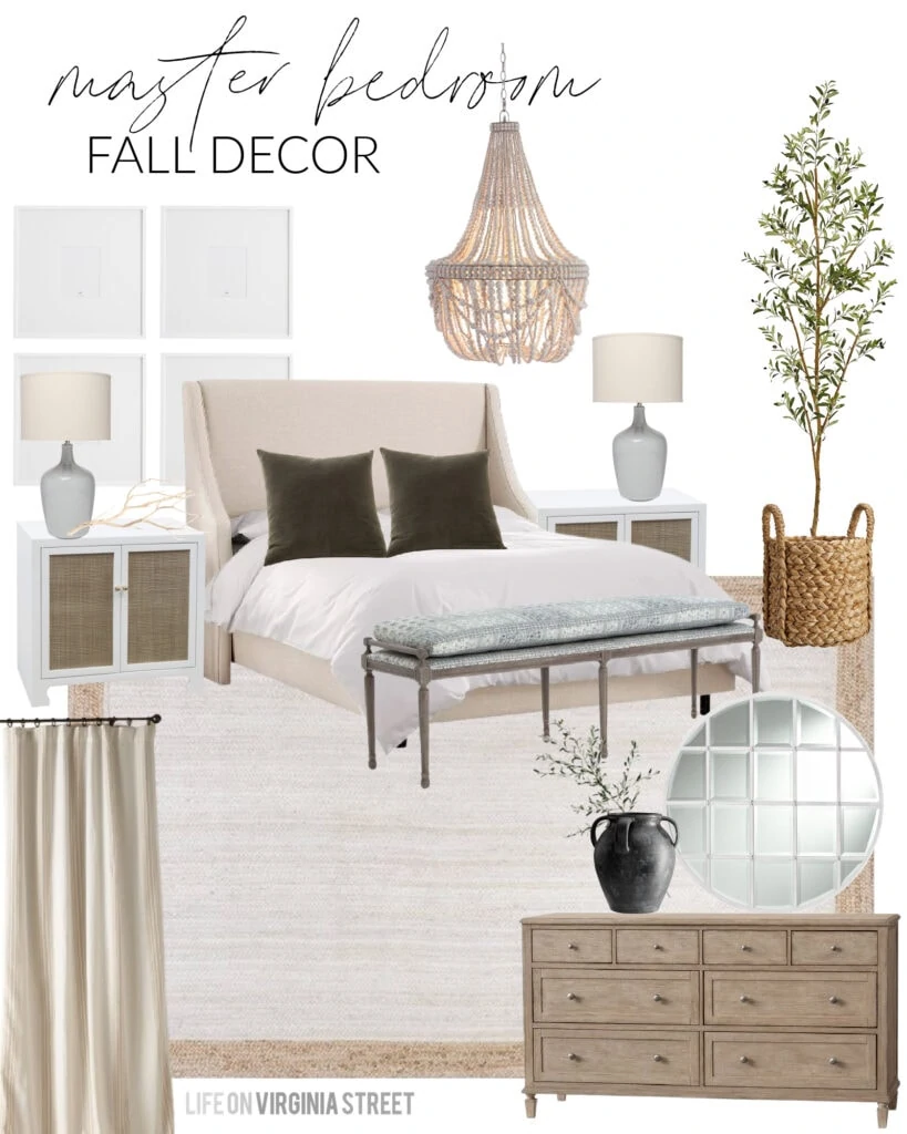 A beautiful master bedroom fall design board with a neutral upholstered wingback bed, velvet pillows, faux olive tree, white wood bead chandelier, gallery wall frames, a light wood dresser and cane nightstands. Many other gorgeous fall design boards are included in this post!