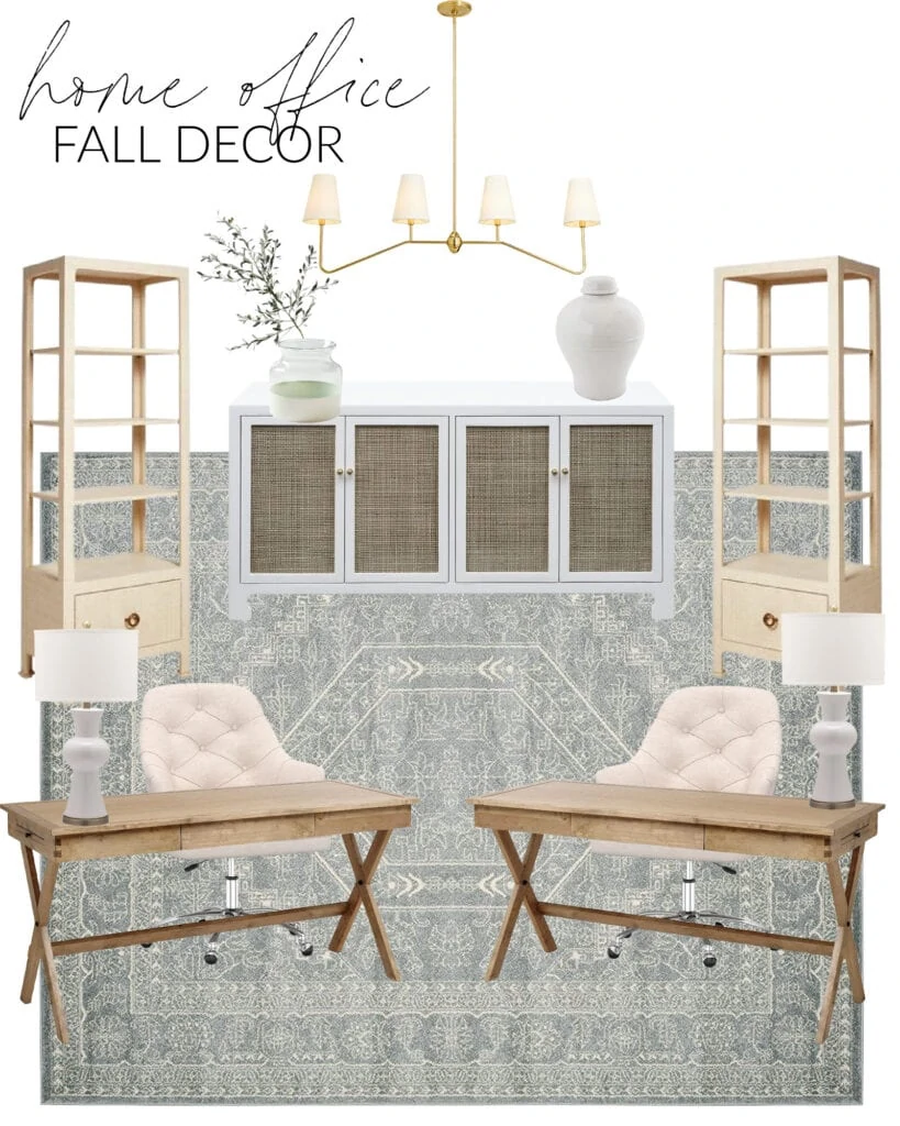 A home office fall decorating design board. Includes wood campaign desks, linen rolling office chairs, white ceramic lamps, a cane credenza, linear chandelier, olive stems, raffia bookcases and a large slate blue patterned rug.