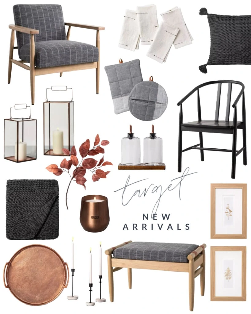 Loving these new Target home decor pieces! The dark wood mixed with moody gray striped upholstery, chunky knit throw pillows and blankets, copper tray, fall candles, rust colored Aspen leaves, botanical art and lanterns are all so perfect for fall decor!