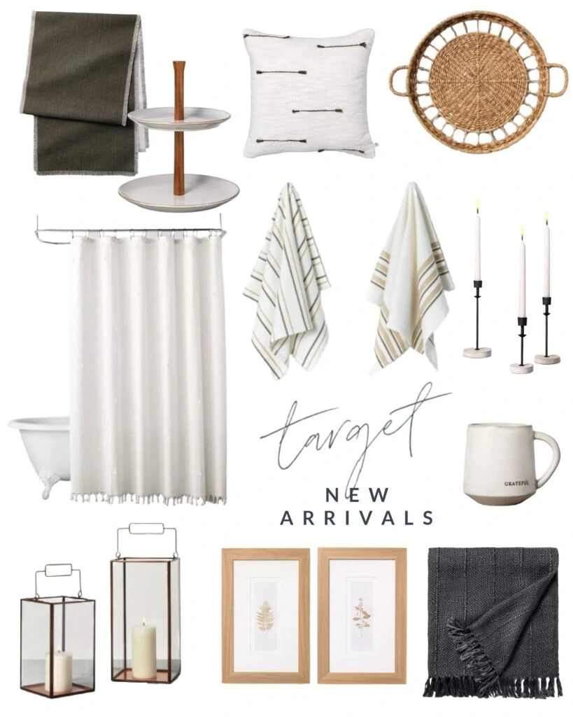 Cute new Target home decor finds from the Hearth & Hand line. I love the new table runner, fringe shower curtain, kitchen hand towels, round woven basket, botanical art, and more!