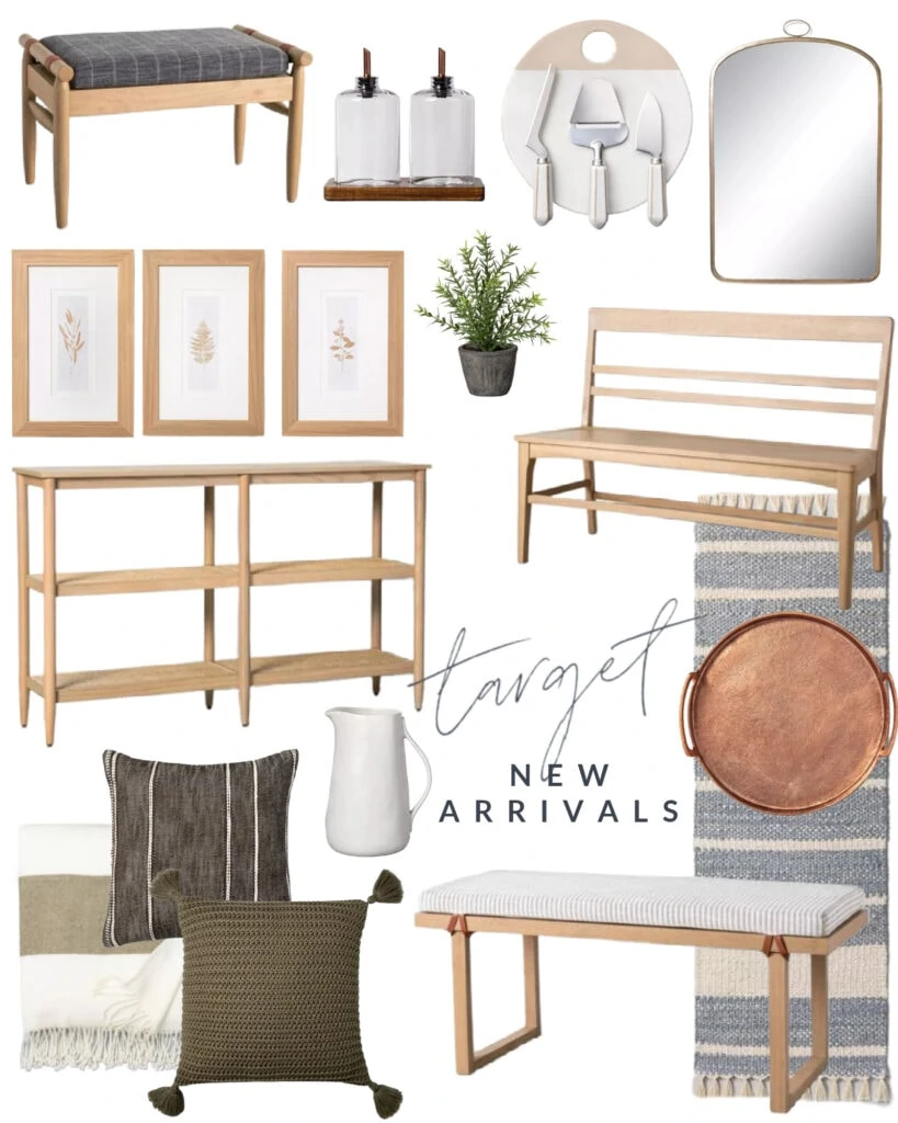 New Hearth & Hand home decor from Target. Includes a wood bench, cane console table, botanical art, arched mirror, chunky knit throw pillows, striped rug, copper tray and more!