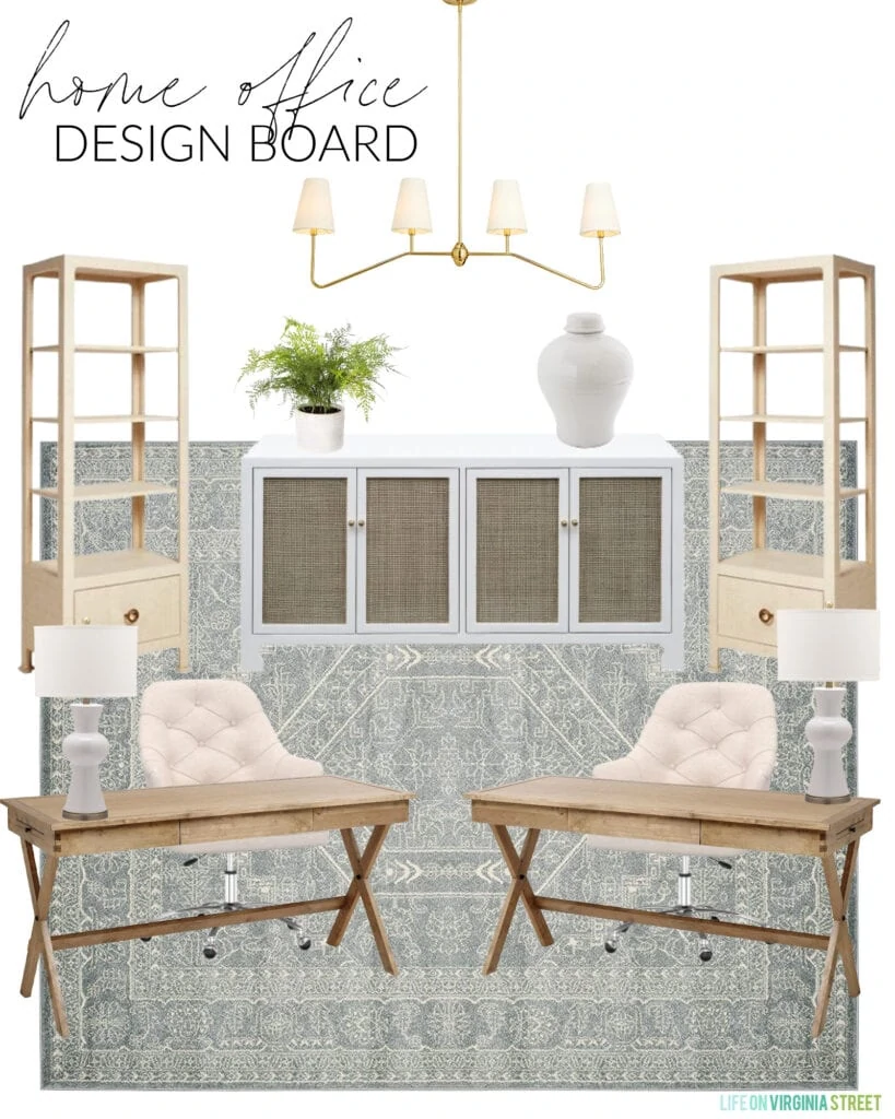 A home office design board with wood campaign desks, tufted rolling chairs, a cane cabinet, two tall bookcases, a linear chandelier, and an affordable patterned rug.