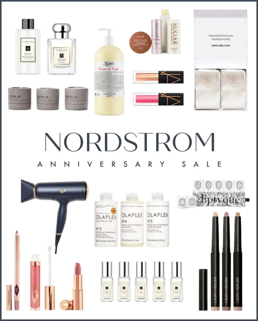 Nordstrom Anniversary Sale beauty favorites including Jo Malone cologne, T3 hair dryers, candles, Nars lip oil, silk pillowcases, Olaplex hair care, Charlotte Tilbury Pillowtalk favorites, and more!