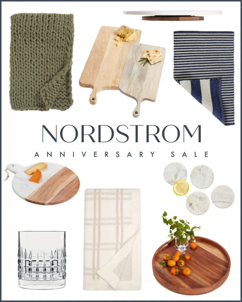 Some top picks from the Nordstrom Anniversary Sale. These home decor items include a chunky knit throw blanket, plaid whiskey glasses, a marble and wood round serving board, a reversible striped rug, Barefoot Dreams plaid throw blanket, marble coasters and more!