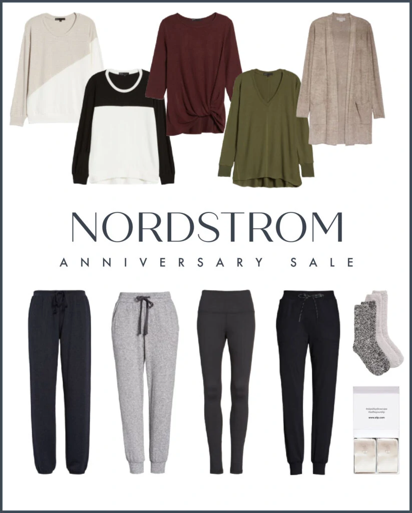 Lounge wear favorites from the 2020 Nordstrom Anniversary Sale. Includes cozy tops and tunics, joggers, leggings, cozy socks and silk pillowcases!