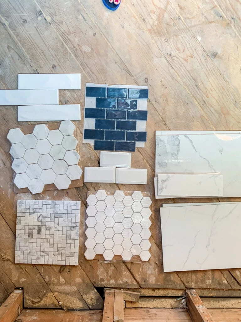 Tile sampleTile samples include beveled white subway tile, glossy navy blue subway tile, carrara marble hex tiles, basketweave marble tile, and more!Tile samples include beveled white subway tile, glossy navy blue subway tile, carrara marble hex tiles, basketweave marble tile, and more!s include beveled white subway tile, glossy navy blue subway tile, carrara marble hex tiles, basketweave marble tile, and more!