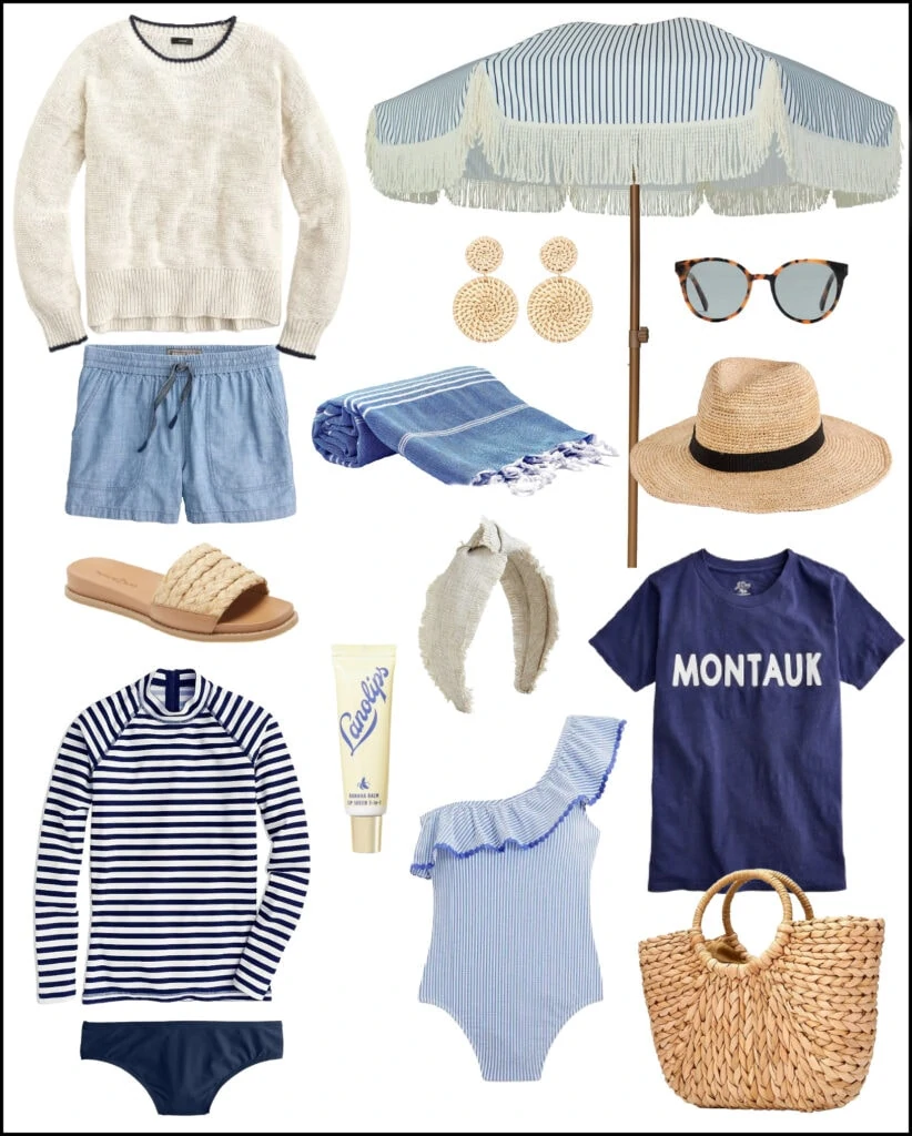 Cute summer outfit ideas including a beach sweater, chambray shorts, slide sandals, striped umbrella, straw bag, seersucker swimsuit and more!