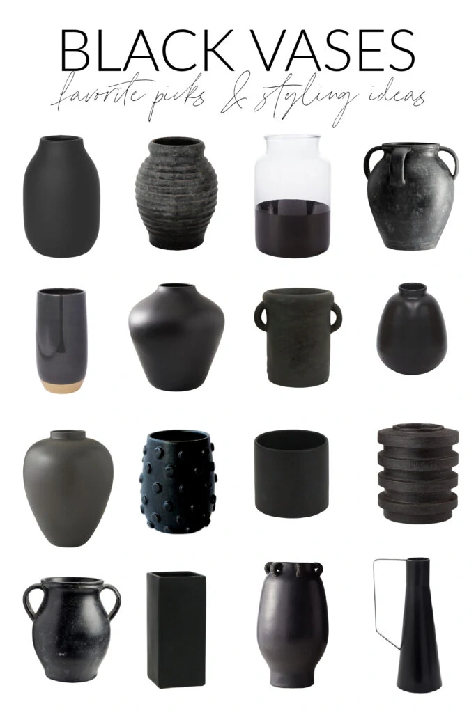 A collection of black vase options to use in fall and winter styling.