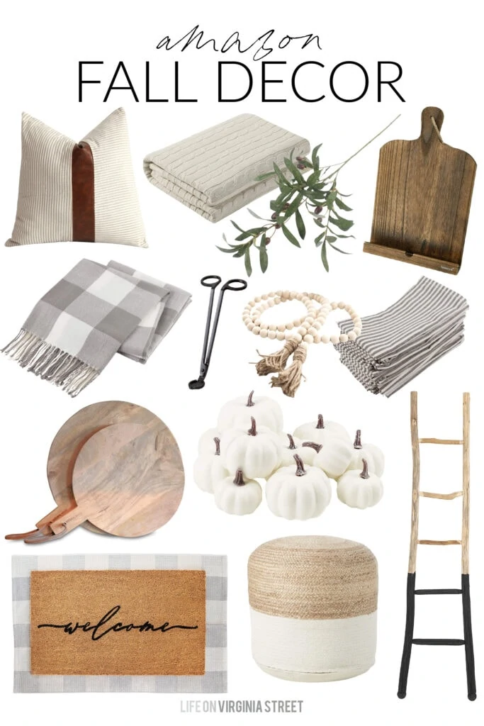 A collection of Amazon fall decor finds that are perfect for decorating your home for fall! Includes wood bread boards, a blanket ladder, front porch rugs, mini white pumpkins, faux olive stems, buffalo check throw blankets, and more!