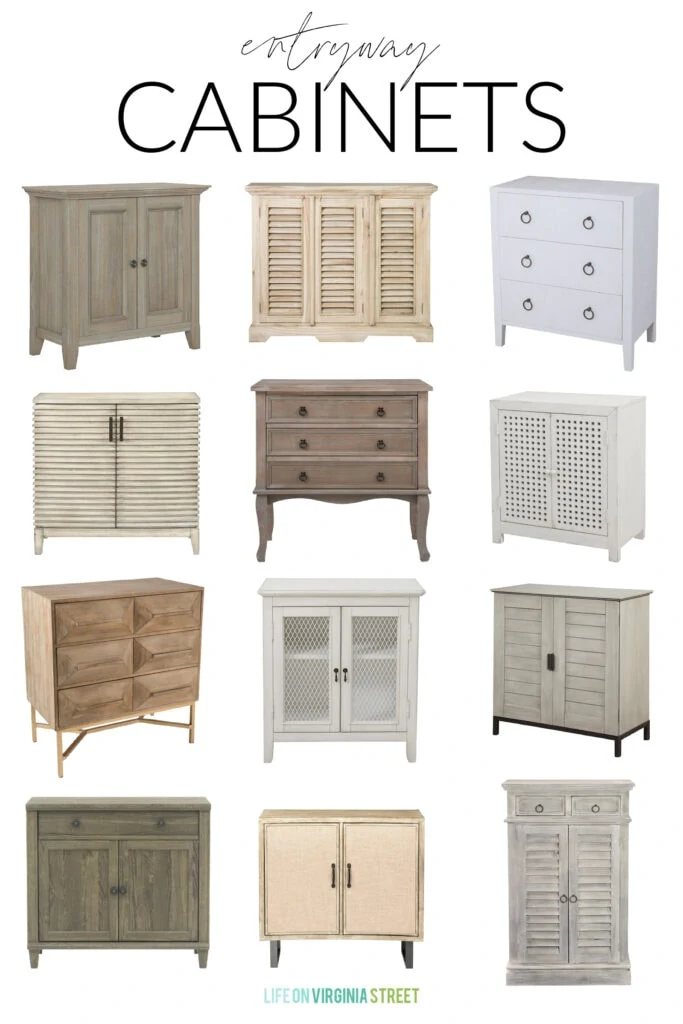 A collection of entryway cabinets, included louvered cabinets, wood cabinets, raffia wrapped cabinets and more!