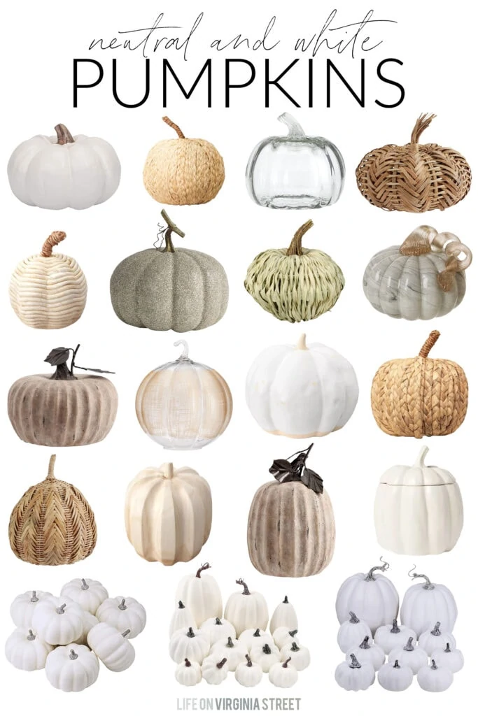 A collection of neutral and white pumpkin decor finds for a variety of decorating styles. These faux pumpkins include raffia, ceramic, plastic, wood, and more options!