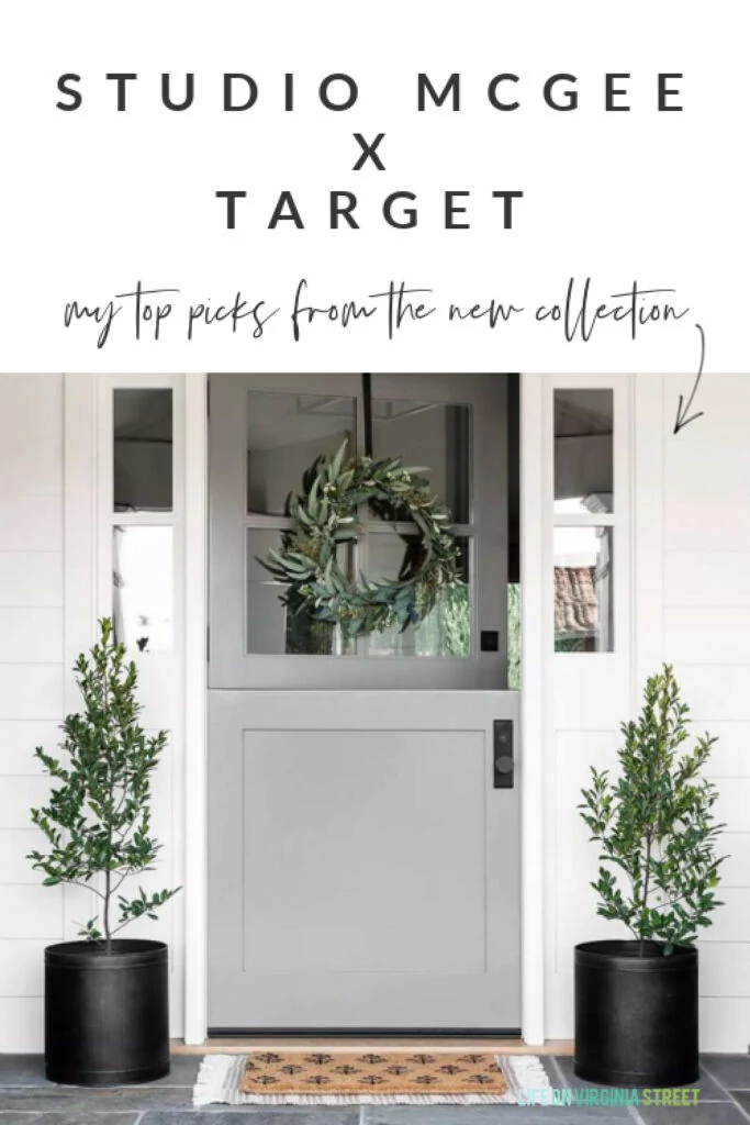 Top picks from the Studio McGee & Threshold collection at Target! A cute front porch with gray Dutch door, black planters, faux eucalyptus wreath, block print doormat and a striped outdoor rug.