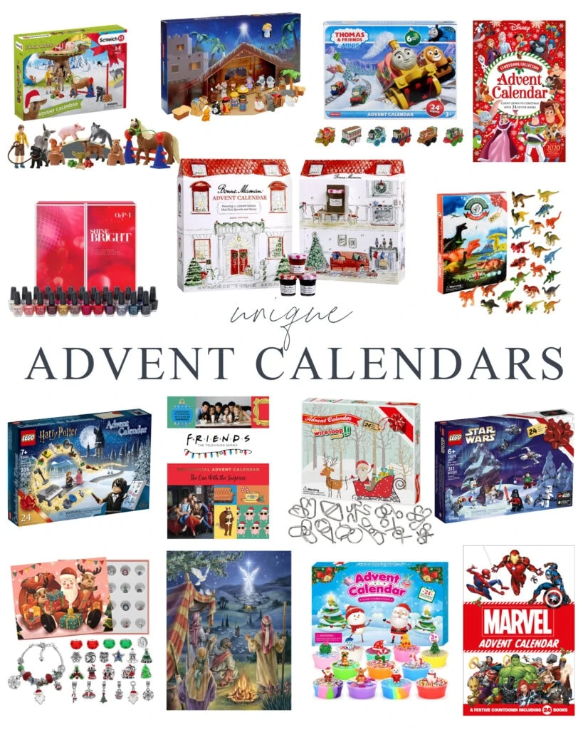 A collection of cute and unique Advent calendars for children and adults! Includes farm animal, Harry Potter LEGO, Star Wars LEGO, slime kits, OPI nail polish, charm bracelet kits and more!