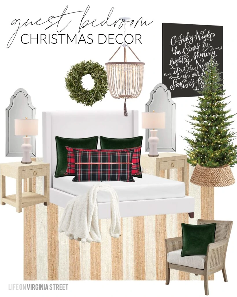 A Christmas bedroom design board with a white upholstered bed, velvet pillows, plaid lumbar pillows, white bead chandelier, striped rug, a natural Christmas tree and a 'O Holy Night' word art canvas.