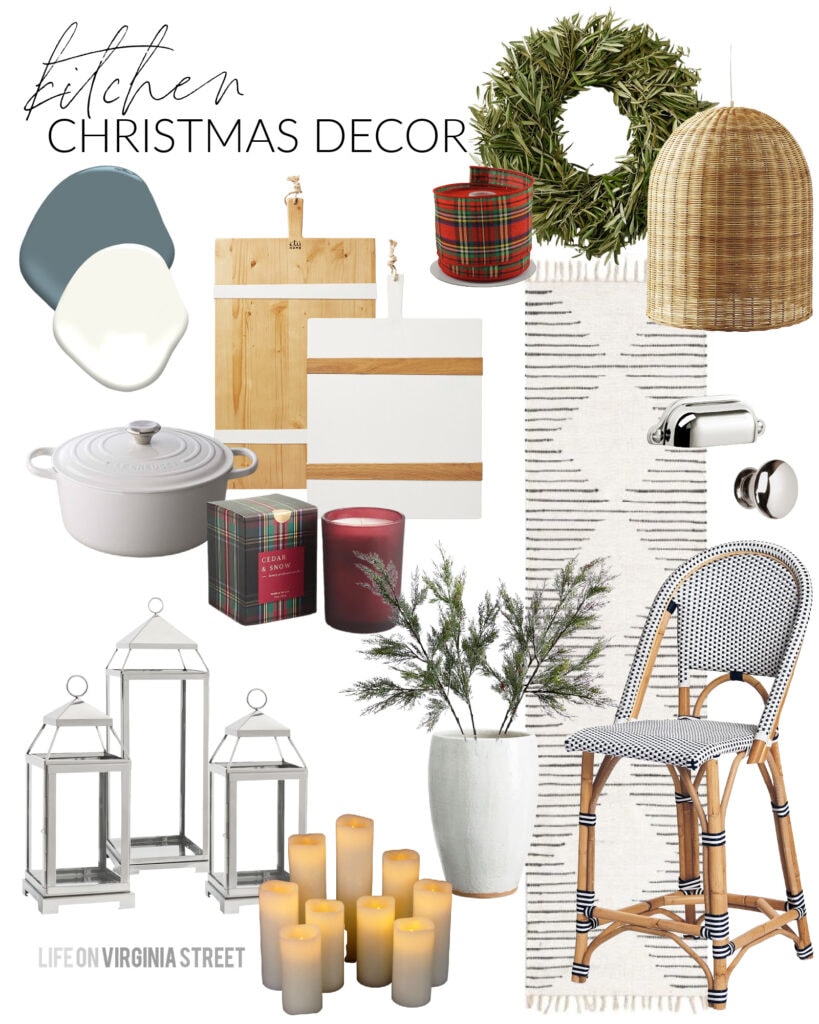 A Christmas kitchend design board with bistro counter stools, basket pendant lights, olive wreath, silver lanterns, and flameless candles.