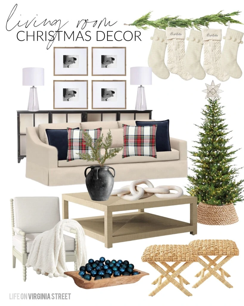 2020 Christmas Design Boards for decorating ideas. This one shows a Christmas living room with linen sofa, Stewart plaid pillows, ivory chunky knit stocking, a natural Christmas tree, and a wood bowl filled with ornaments.