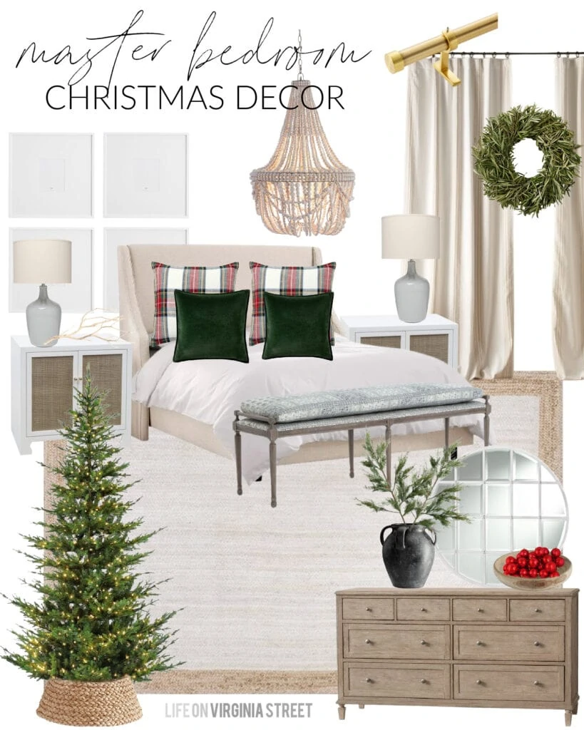 Our bedroom Christmas design board with an upholstered bed, white jute rug, wood bead chandelier, light wood dresser, cane nightstands, and Stewart plaid bedding.