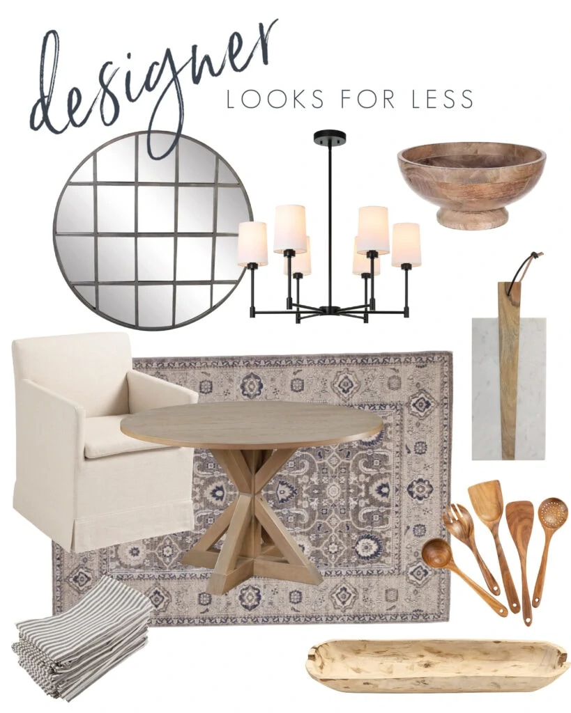 A gorgeous dining room design board using home decor looks for less options! This budget dining room includes a round grid mirror, linen dining chair, round wood table, matte black chandelier and more!