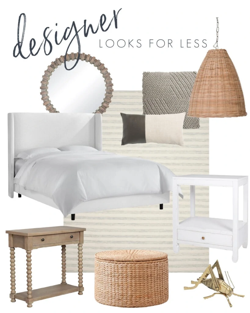 A bedroom design board with white upholstered bed, spindle nightstands, round wood mirror, woven basket pendant lights, striped rug and coastal accents.