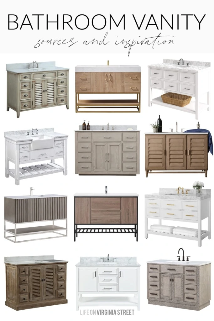 A collection of 48" bathroom vanity ideas that work well for a variety of decorating styles and bathroom plans. Includes light wood vanities, white bathroom vanities, colored vanities, and more!