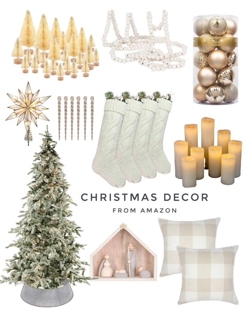 Christmas decor from Amazon, like a natural wood nativity scene, chunky knit stockings, a flocked Christmas tree, neutral bottlebrush trees, metallic ornaments, wood bead garland and more!