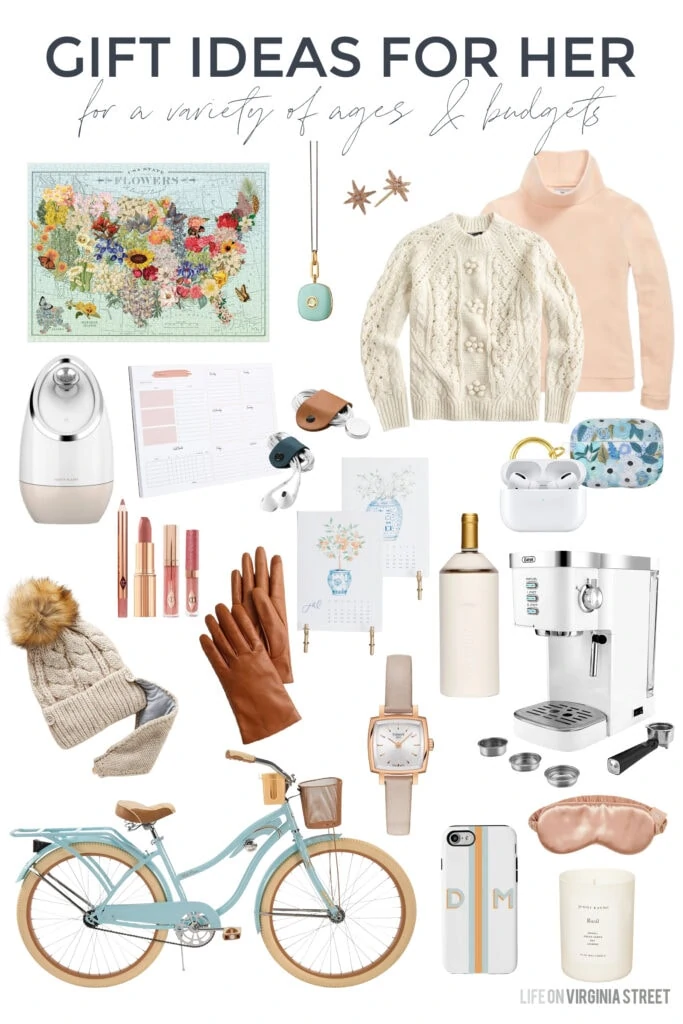A collection of holiday gift ideas for her that work year-round, as well! Includes a unique puzzle, beautiful jewelry, a face steamer, fleece turtleneck, cableknit sweater, beautiful calendars, a cruiser bike, a white espresso machine, pretty candles, and more!