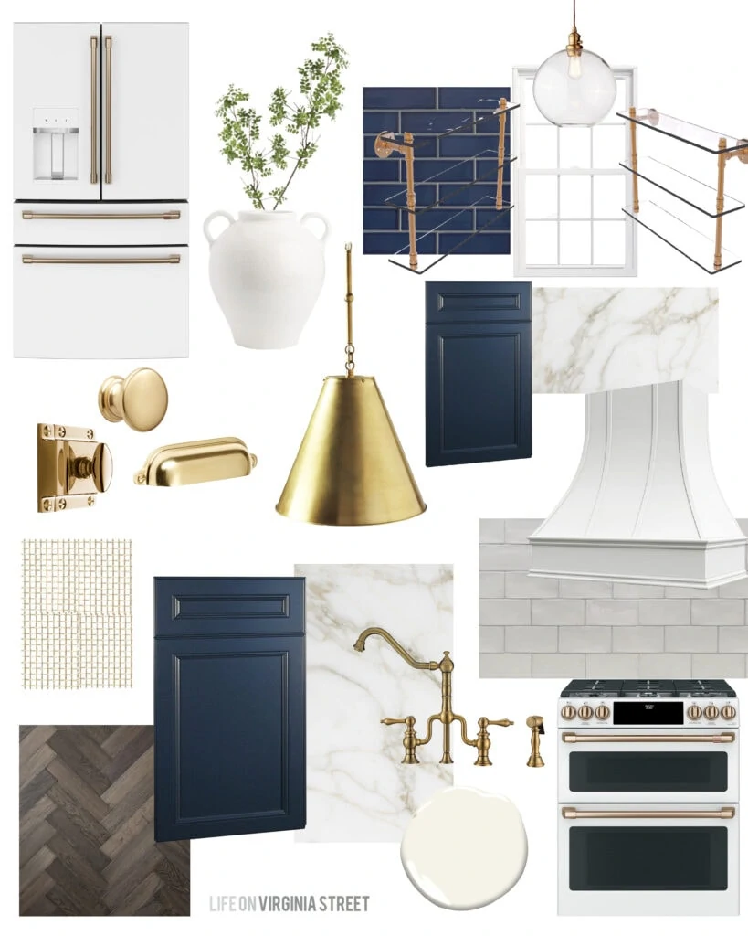 Tudor renovation ideas with a kitchen design board including navy blue subway tile and cabinets, a tall range hood, gold pendant light, walnut tone herringbone wood floors and a gold bridge faucet.