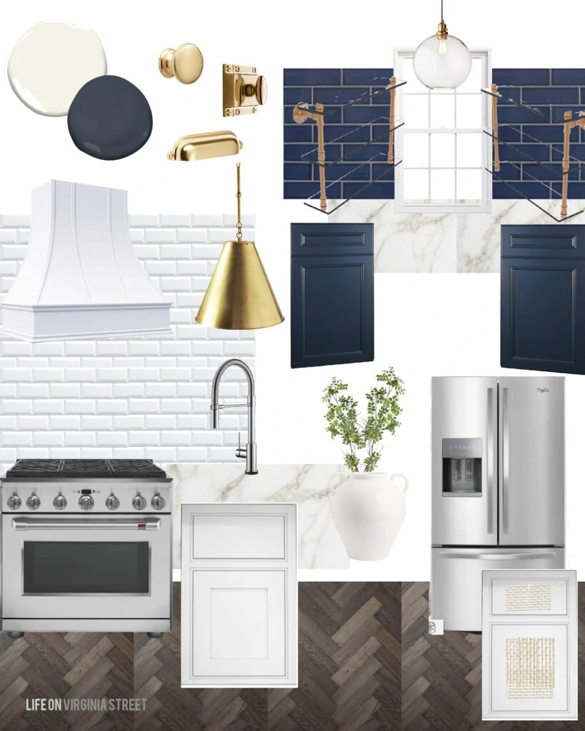 Kitchen design plans for a Tudor revival kitchen with white beveled subway tile, gold and glass shelves, a white range hood, gold cabinet hardware, navy blue subway tile and navy blue cabinets in the pantry.