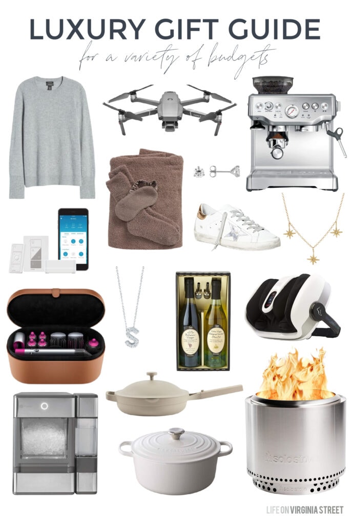A collection of luxury gift guide ideas for a variety budgets! Includes a smokeless firepit, cashmere sweater, a favorite drone, mini ice cube maker, diamond jewelery and more!