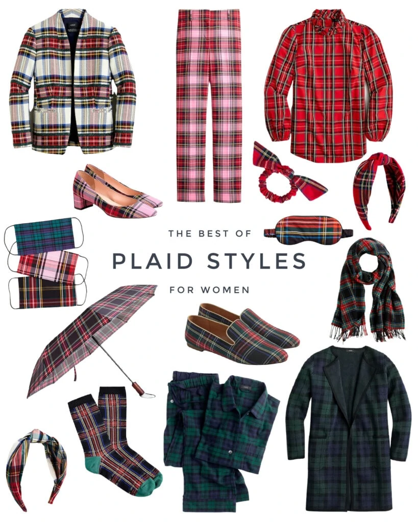 Tartan plaid outfits, including a pink plaid pants, dark plaid pajamas, black watch plaid sweater coat, tartan knot headband, Stewart plaid smoking loafers, tartan plaid face masks, and cute ruffle plaid tops!