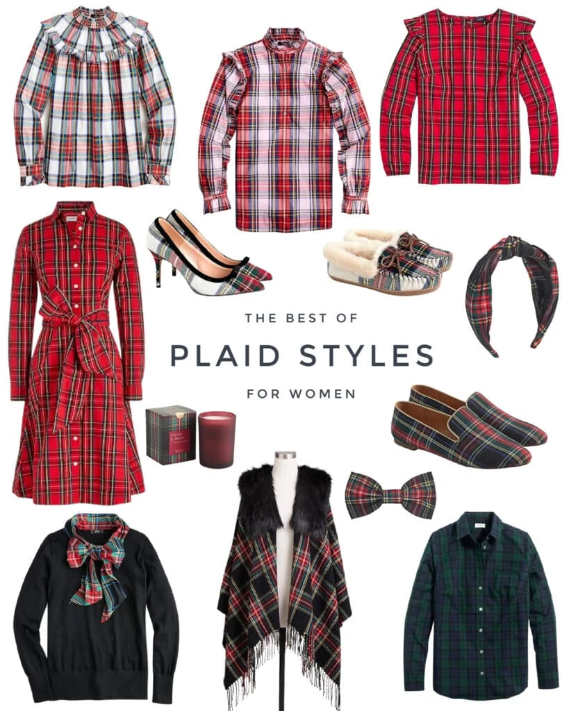 Tartan plaid outfit ideas, including a red plaid dress, faux fur plaid cape, black watch plaid button up shirt, tartan knot headband, Stewart plaid smoking loafers, and cute ruffle plaid tops!