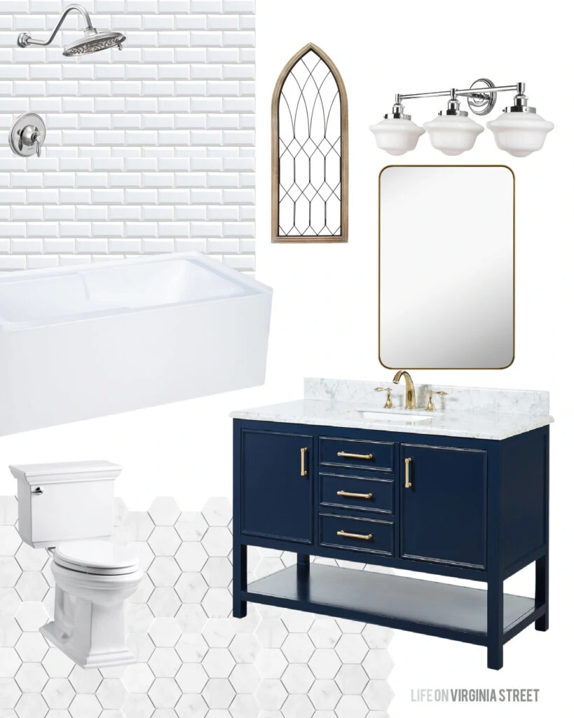 Tudor house renovation ideas for a bathroom with white beveled subway tile, marble hex tile floors, navy blue vanity and milk glass light fixtures.