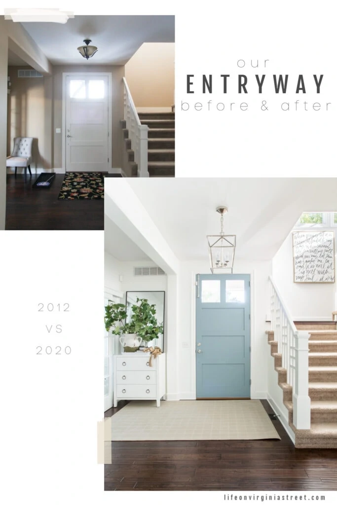 Before and after photos of an entryway now with white painted walls, a blue painted interior door, and neutral decor.