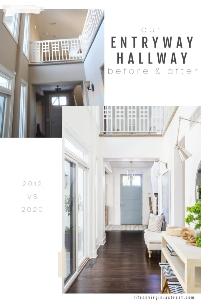 Pictures of entryway before and after a makeover with white walls, dark hardwood floors, a unique railing and coastal inspired colors and decor.