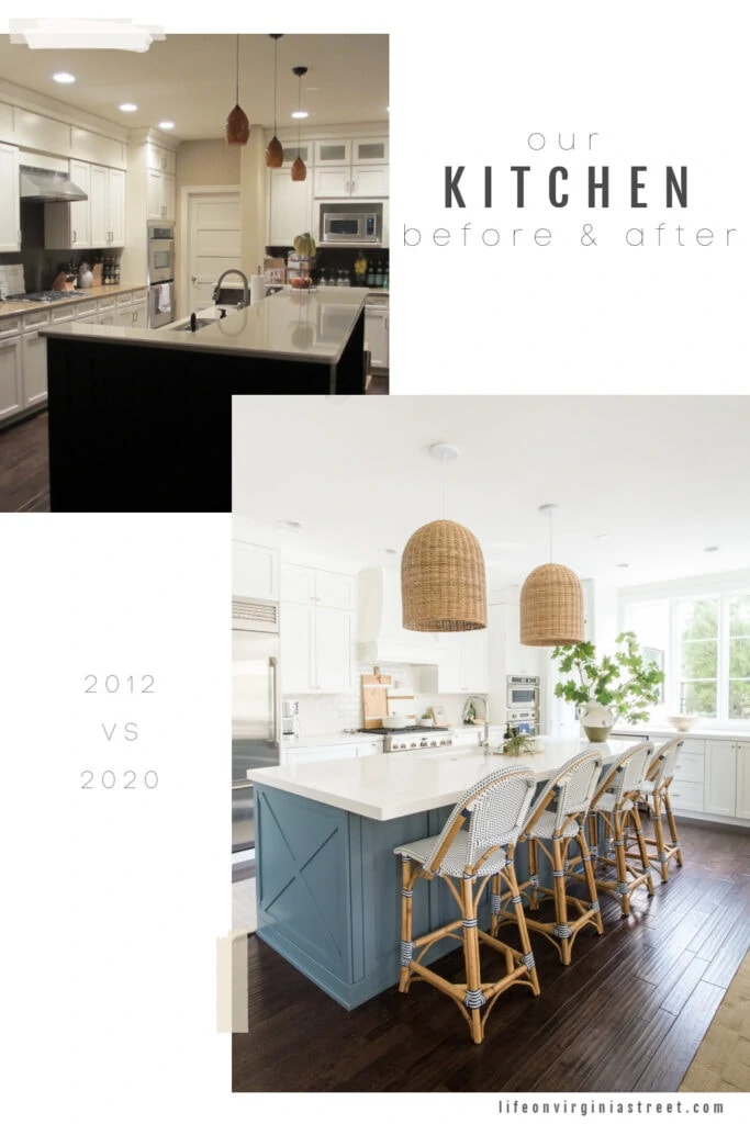 Before and after photos from a kitchen renovation. The new kitchen features white cabinets, a blue island, basket pendant lights, and large window, and bistro style bar stools.