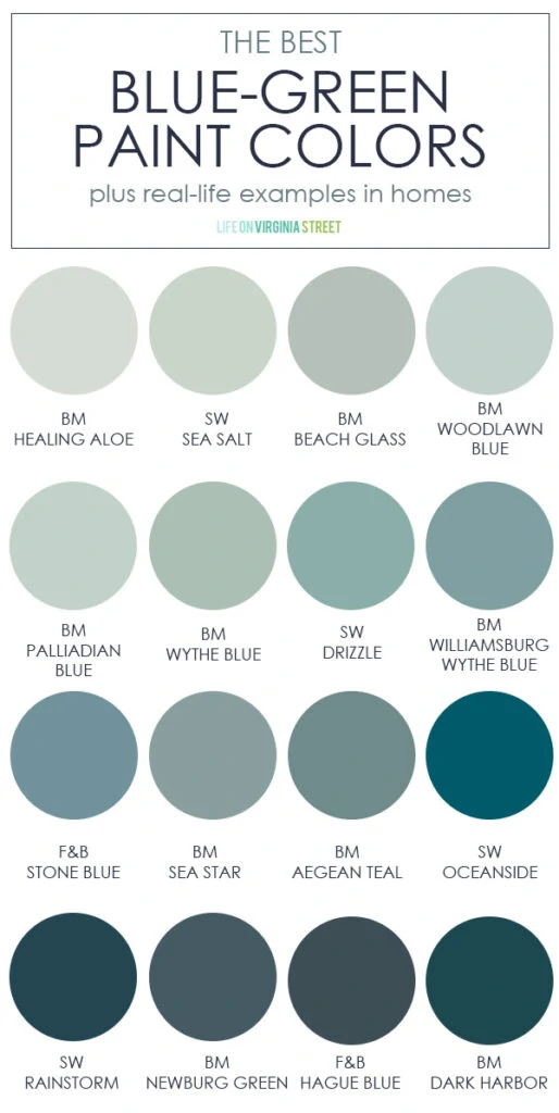 A collection of the best blue green paint colors. Includes info on how to pair them with other colors and shows each of the colors in a real-life space!